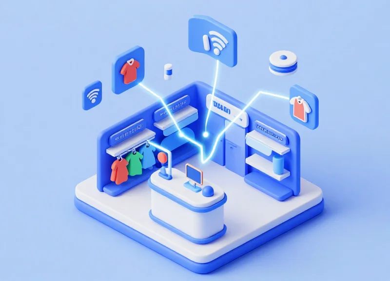 Isometric view of a smart retail environment showing interconnected RFID tags, shelf labels, and concealed sensors.