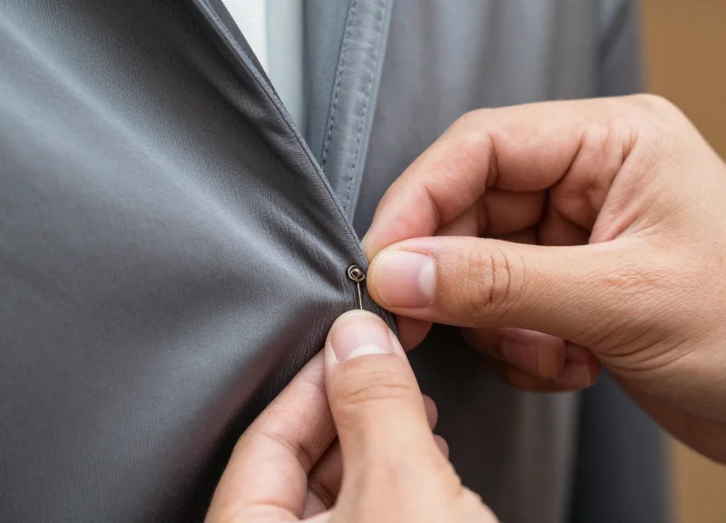 Close-up of a hand discreetly attaching a security tag to the inner seam of a fine garment.
