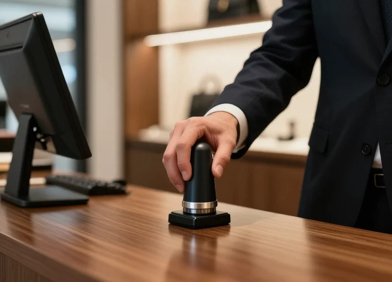 A retail professional using a magnetic detacher to remove a security tag at a luxury checkout counter.