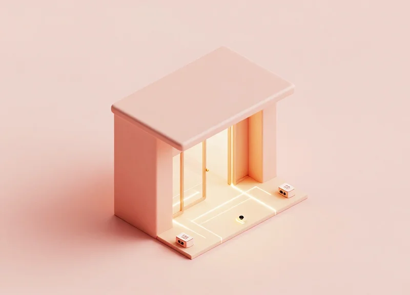 Isometric 3D diagram showing invisible security sensors embedded within the floor and ceiling of a retail store entrance.
