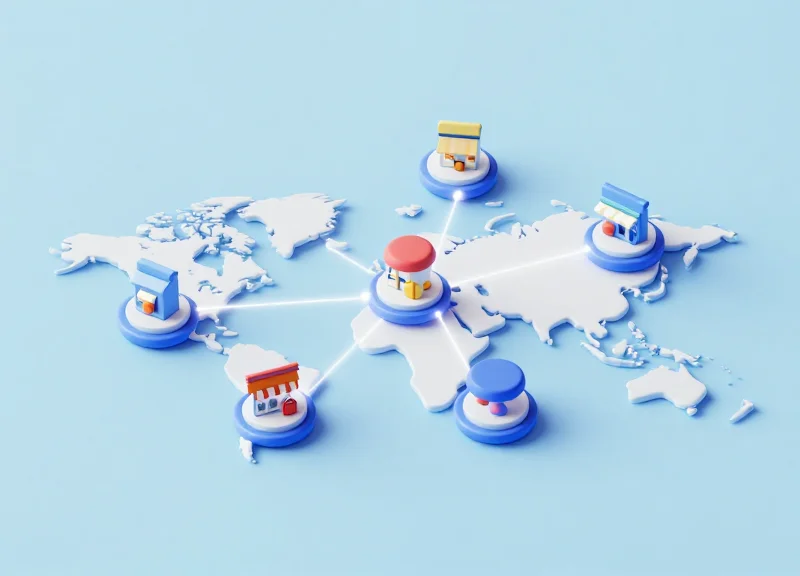 An isometric 3D model of a global logistics network with glowing connections between different retail hubs.