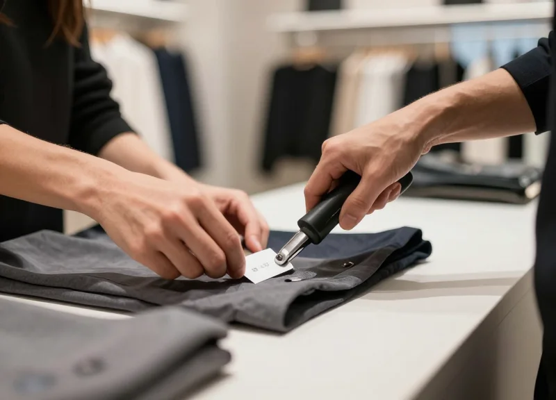 Close-up of a store associate's hands quickly and smoothly detaching a security tag from a garment at a sleek, modern fashion retail counter.