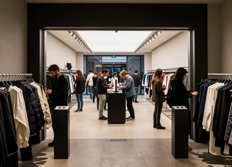 Busy modern fast fashion retail store with security gates at the entrance during 2026