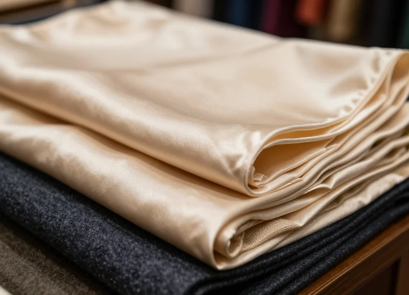 Close-up of luxurious folded silk and cashmere fabrics in a high-end tailor shop with rich textures.