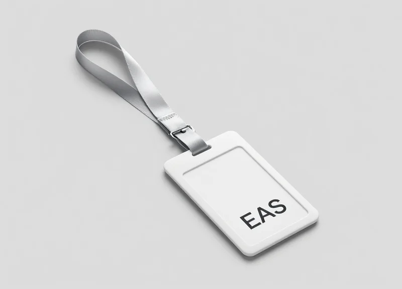 A modern security lanyard tag looped around a delicate silk scarf on a clean background.