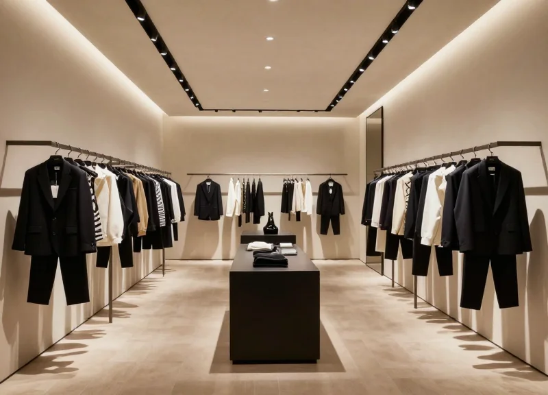 Sophisticated interior of a luxury clothing boutique with elegant garment displays.