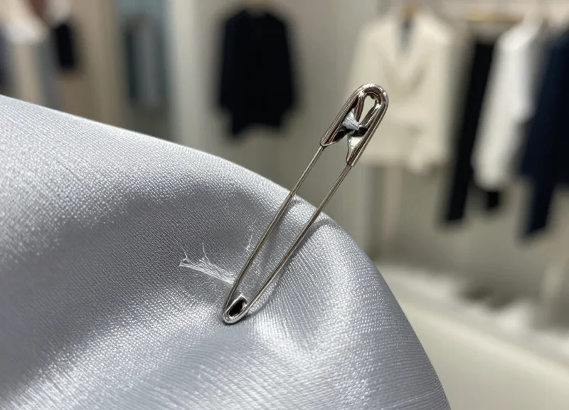 Close-up of a traditional security pin damaging a piece of fine silk fabric in a luxury setting