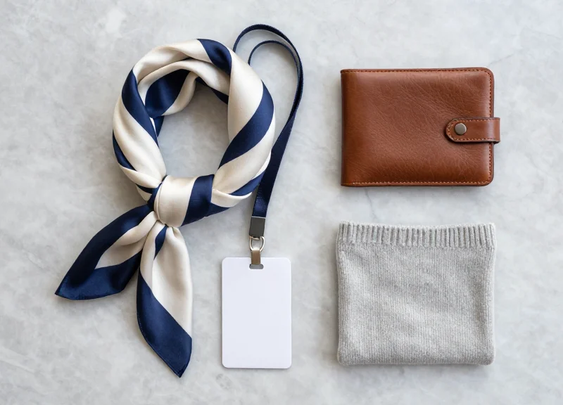 Flat lay of luxury materials like silk, leather, and knitwear with a security lanyard
