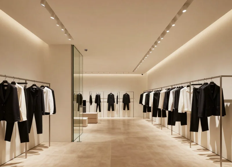 The interior of a high-end fashion boutique showing security measures blending into the design