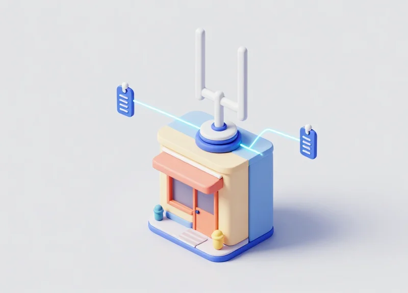 Isometric 3D model of a boutique security system with RFID and EAS integration