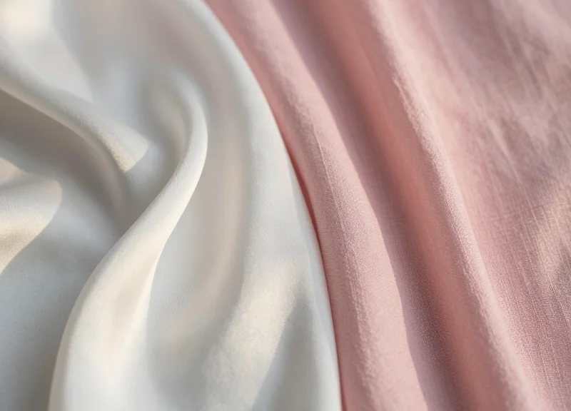 Close-up view of delicate silk and linen textile fibers under soft natural sunlight.