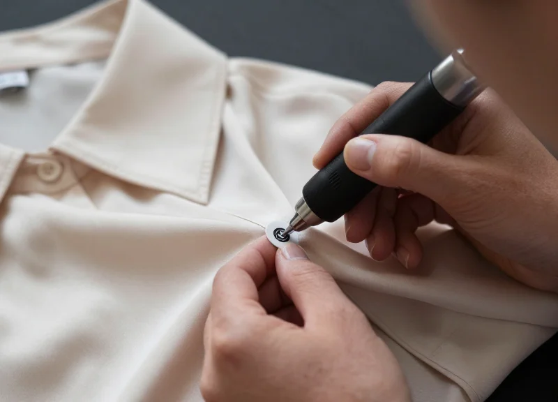 Professional retail staff hands carefully attaching a security tag to a delicate garment using a fine-needle gun.