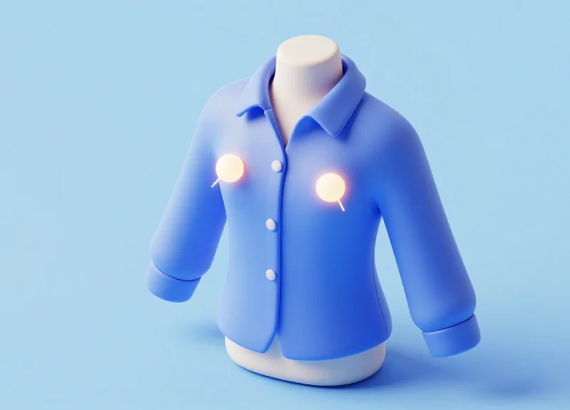 Isometric 3D model of a garment illustrating the optimal stress-free placement points for EAS tags.