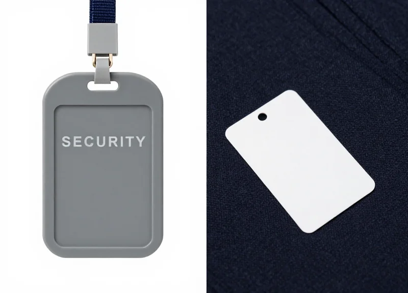 A visual comparison between a traditional bulky plastic security tag and a modern thin hybrid label on luxury fabric.