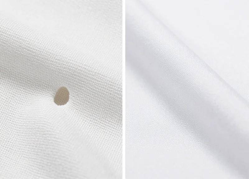 Side-by-side macro comparison of fabric damage from standard needles vs fine needles.