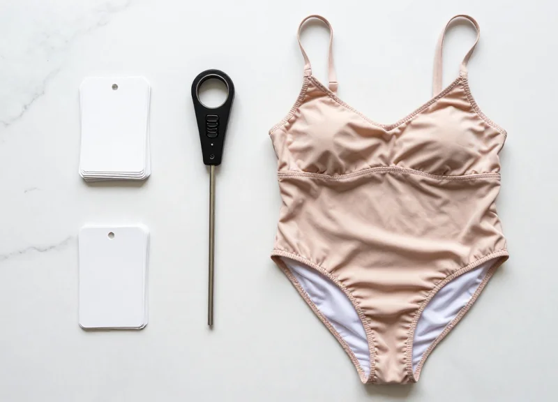 Top-down view of organized retail security tools and delicate swimwear on a marble table.