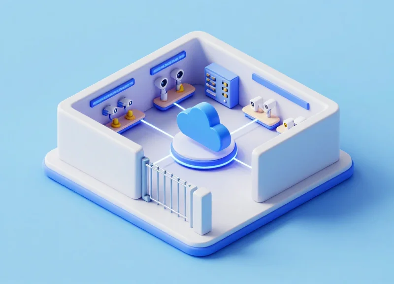 3D isometric illustration of a retail security network integration.