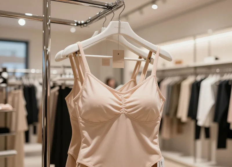Close-up of a high-quality swimsuit hanging in a modern retail store with a specialized security tag attached to the delicate fabric, demonstrating no damage.