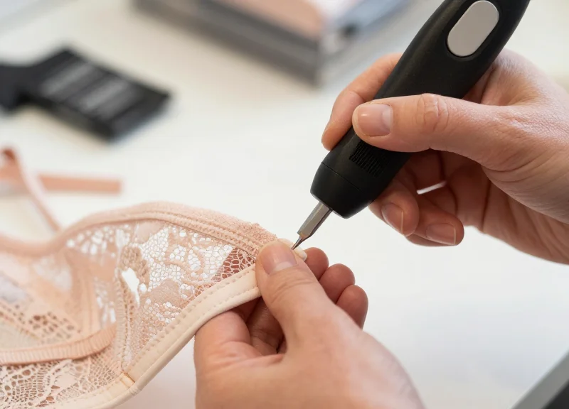 Close-up of a retail worker's hands applying a fine-needle tag to the seam of a lace garment.