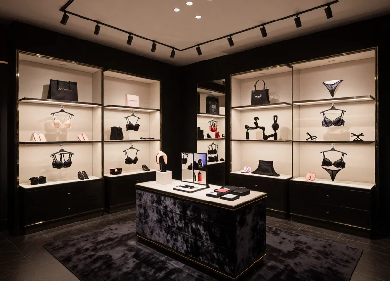 The interior of a luxury lingerie boutique featuring elegant displays and premium lighting.