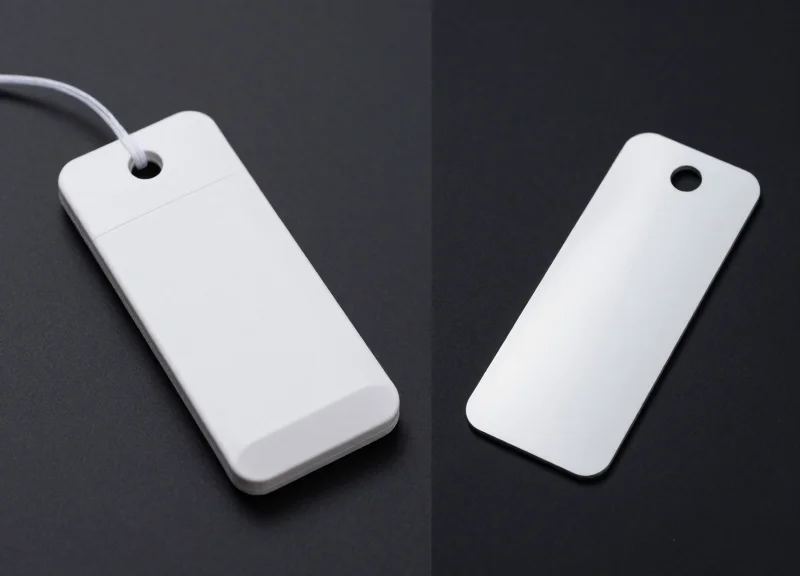 A side-by-side comparison of a bulky traditional security tag and a modern slim hybrid RFID tag.