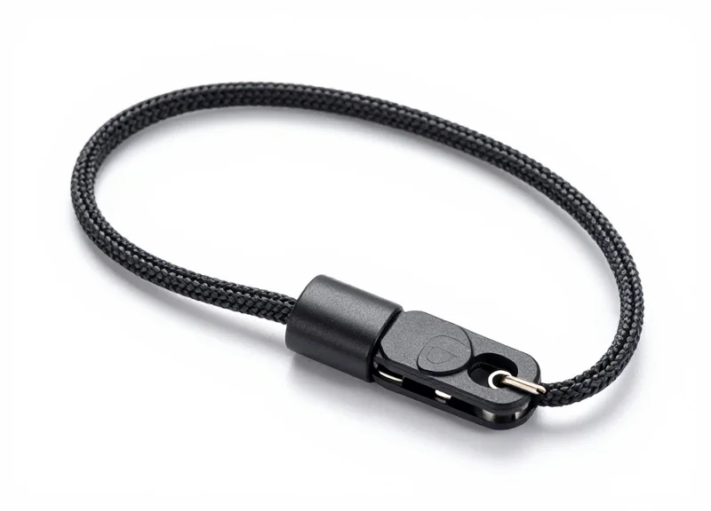 Close-up detail of a professional EAS shoe lanyard with a steel braided cable and locking mechanism.