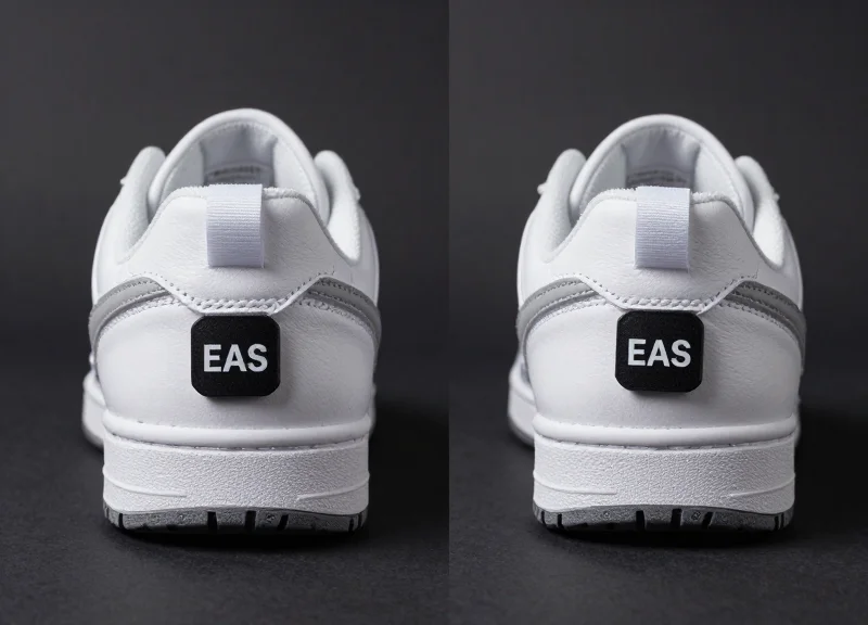 A symmetrical display of a pair of shoes both protected by security tags.