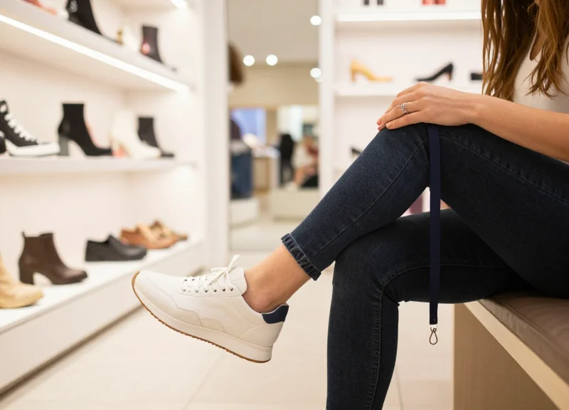 A customer comfortably trying on a shoe with a security tag attached.