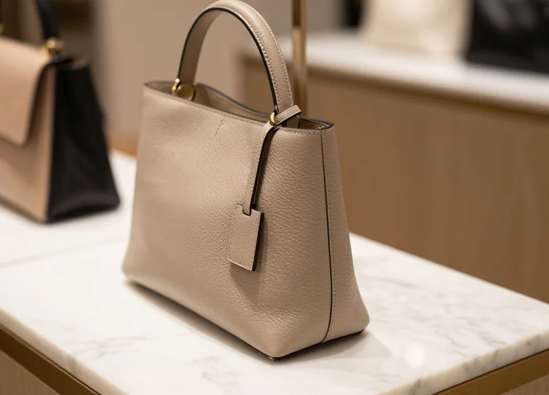 Close-up of a designer handbag with a small, aesthetically integrated security tag on its handle.