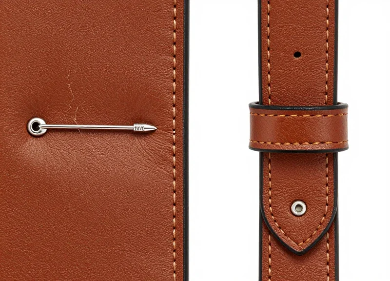 Comparison between a punctured leather strap from a pin and an undamaged strap protected by a lanyard tag