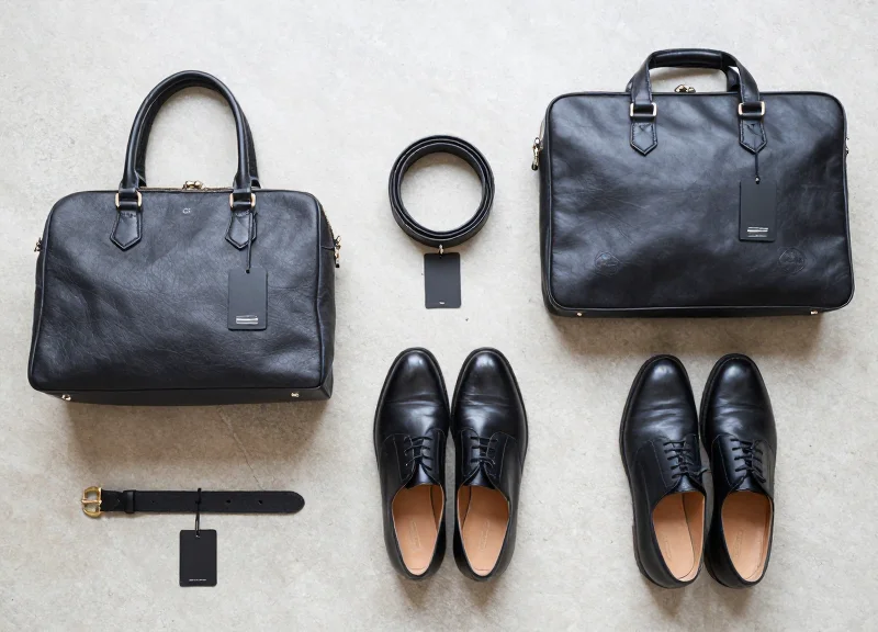 Collection of various leather luxury goods with lanyard security tags applied