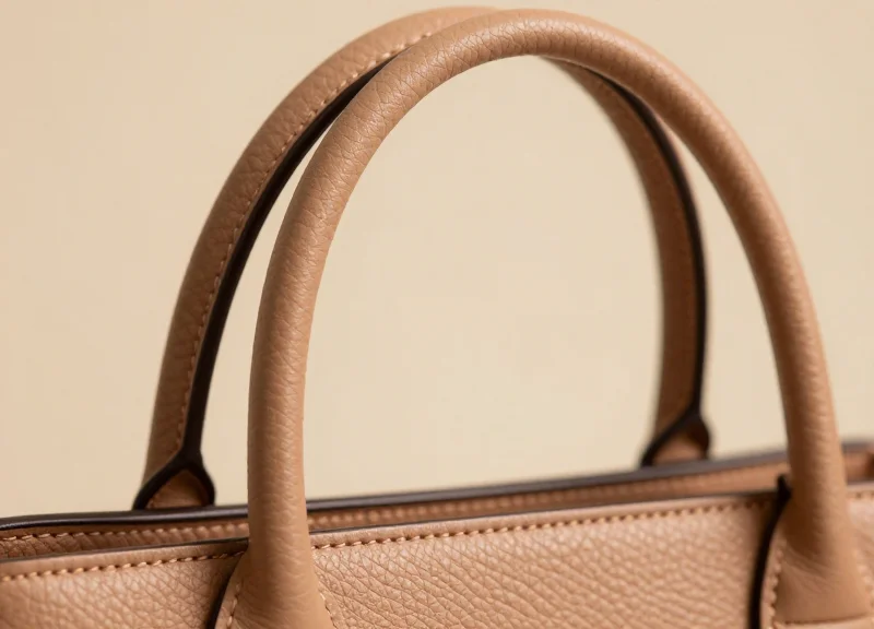 Close-up of a high-end designer leather bag handle in a luxury retail setting, highlighting the pristine material.
