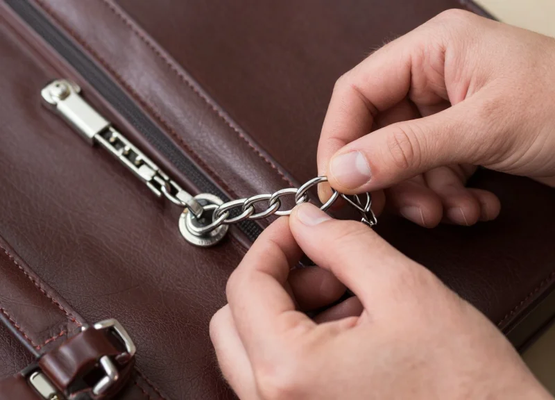 A close-up of a hand looping a steel lanyard EAS tag through the metal ring of a leather briefcase.