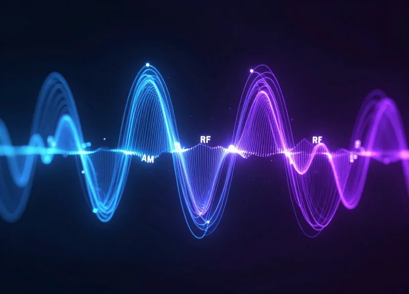 Abstract visualization of radio frequency and acoustic magnetic waves representing security tag technology.