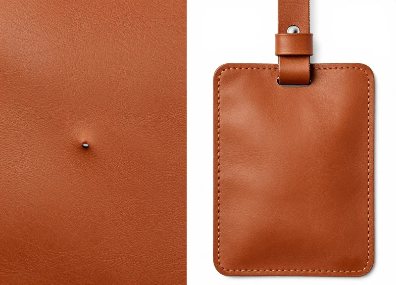 Side-by-side comparison of leather with a puncture hole versus leather with a non-invasive steel lanyard.