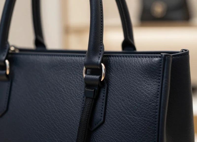 A close-up photo of a premium leather bag with a security lanyard gently looped around the strap.
