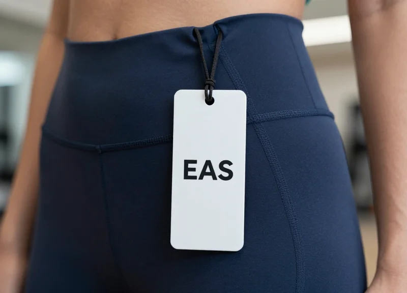 Close-up of a lightweight security tag attached to a pair of yoga pants, showing no fabric sagging.