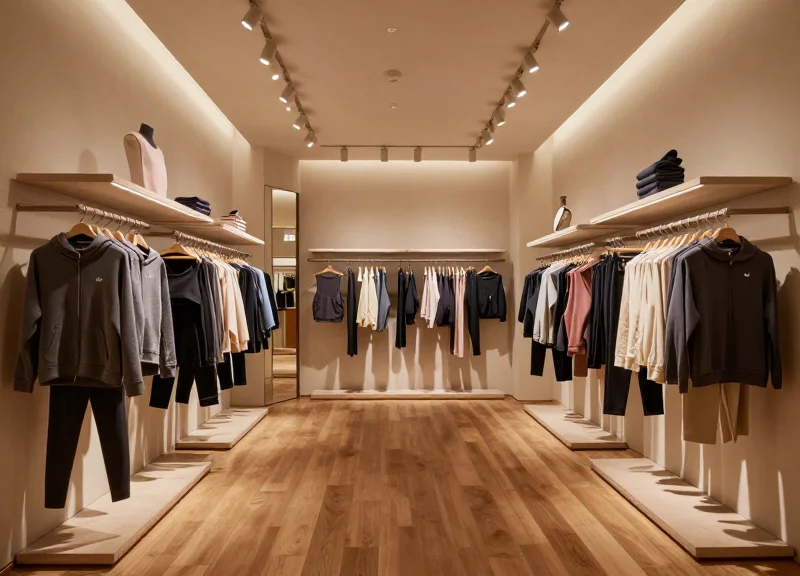 Luxury yoga boutique interior with premium athletic wear on display racks and soft ambient lighting