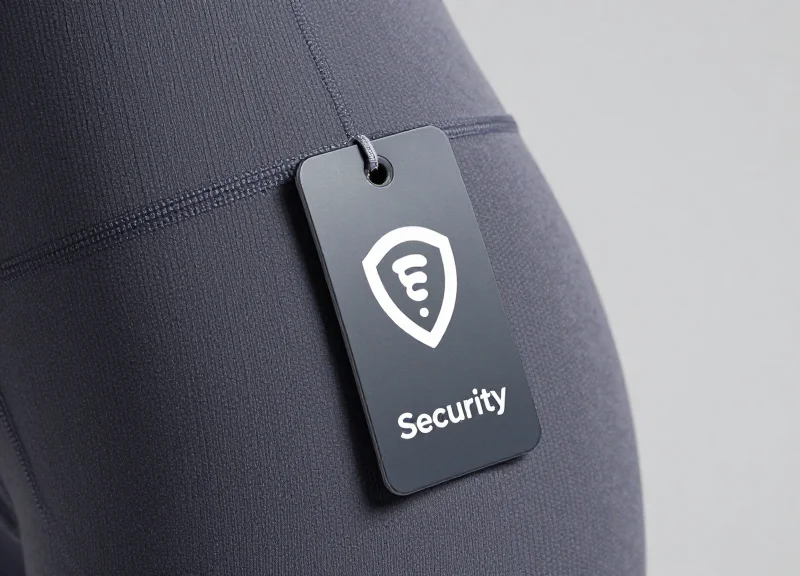 Close-up of a specialized security hard tag attached to high-quality yoga fabric