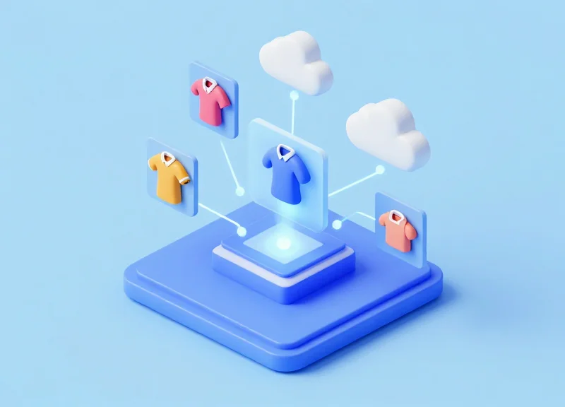 Isometric 3D illustration of a digital inventory management system with cloud servers and data icons