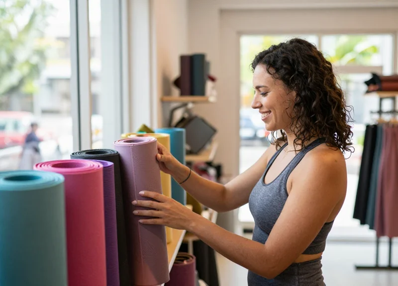 Happy customer browsing high-end athletic apparel in a secure boutique environment