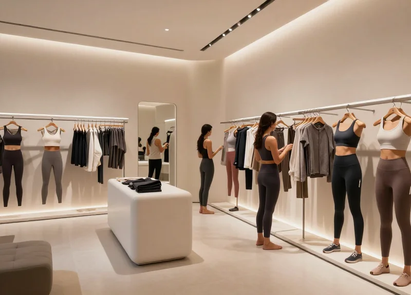 A modern, high-end activewear retail store in 2026 with sleek minimalist design and shoppers browsing premium apparel.