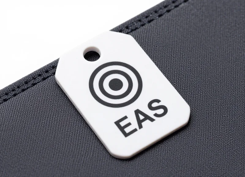 Close-up of a sleek RFID-EAS hybrid tag attached to high-quality moisture-wicking athletic fabric.
