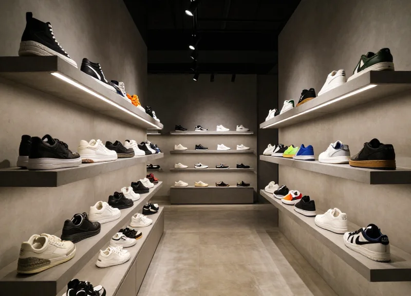 Wide shot of a modern hypebeast sneaker boutique with high-end footwear on display under bright lighting.
