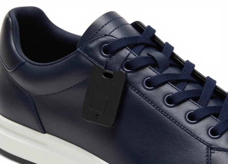 A high-end sneaker with a specialized security hard tag attached safely to the eyelet.