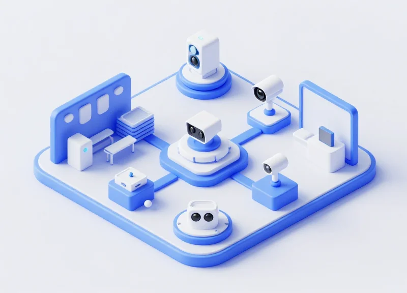 Isometric 3D model of a retail security system showing interconnected sensors and cameras.