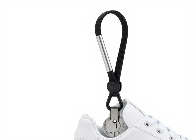 A security lanyard loop attached to the eyelet of a sneaker without piercing the material.