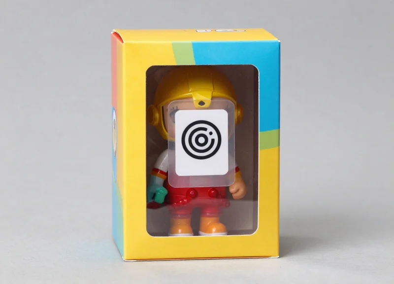 Designer toy packaging with a small transparent RFID tag applied to the corner.