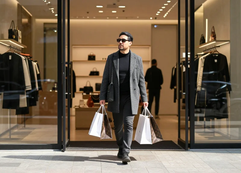 A customer walking freely out of a modern high-end store without bulky security gates