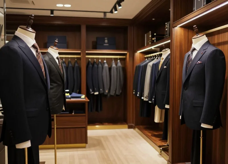 Interior of a luxury menswear boutique with elegant suits on display